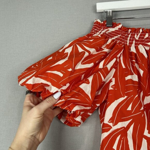 Whit Two Anthro Womens Dress Medium Red Banana Leaf Off Shoulder Smocked Poplin - Picture 3 of 13